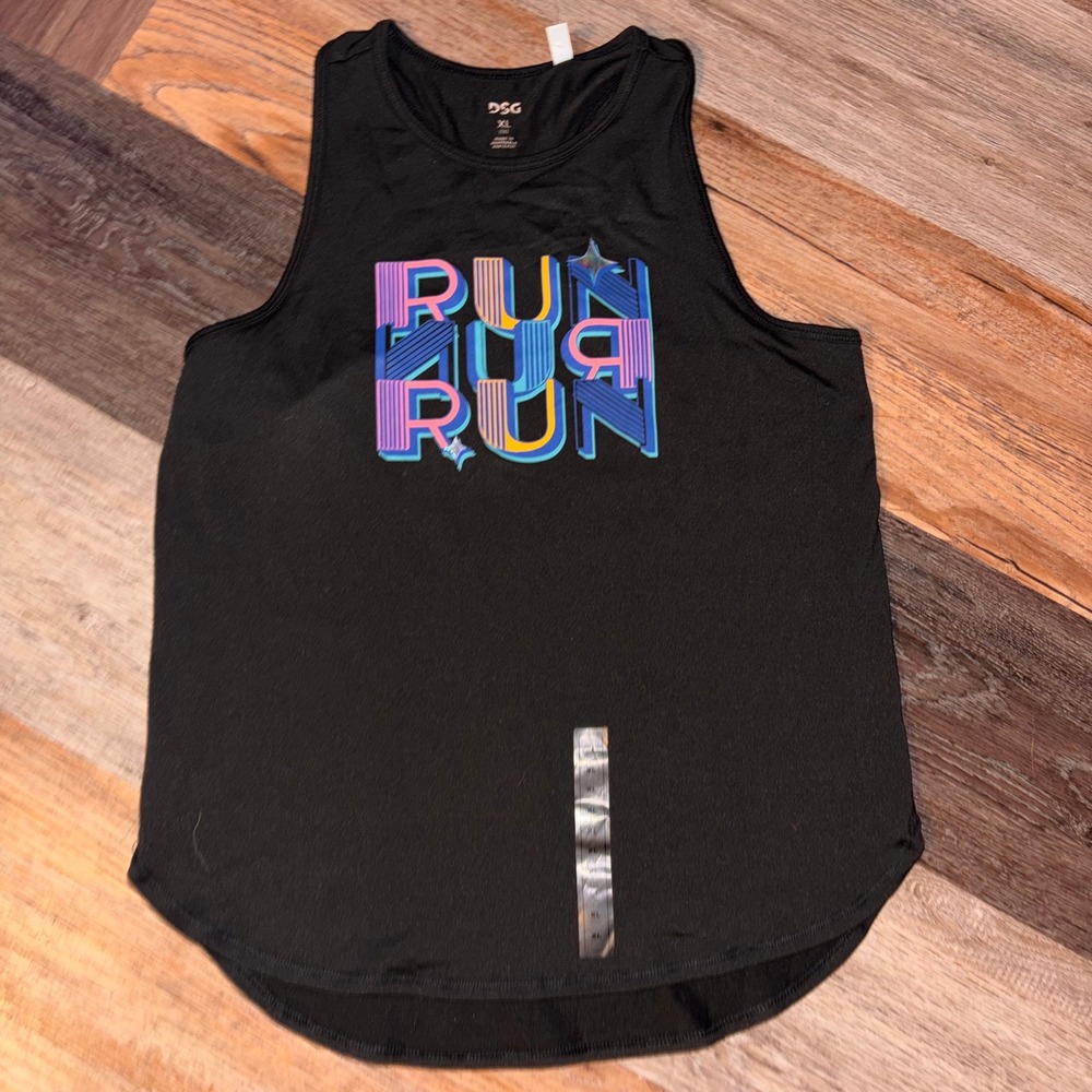 DSG Girls XL 16 Black Run Graphic Racerback Performance Tank Top Activewear